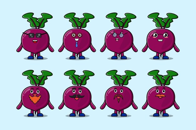 Set kawaii Beetroot cartoon character with different expressions cartoon face vector illustrations