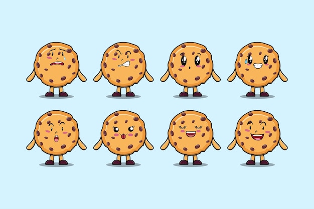 Vector set kawaii biscuits stripfiguur met verschillende uitdrukkingen cartoon gezicht vectorillustraties