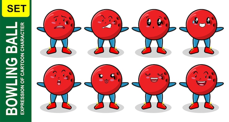 Vector set kawaii bowling ball cartoon different expressions of cartoon face vector illustrations