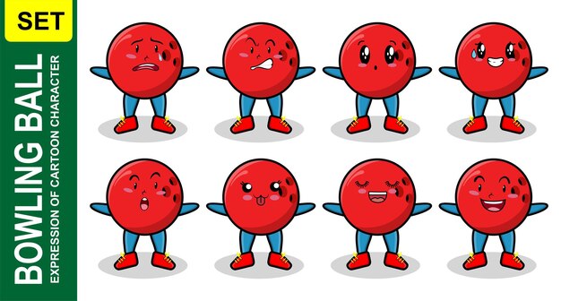 만화 얼굴 벡터 일러스트 레이 션의 귀여운 볼링 공 만화 다른 표정을 설정