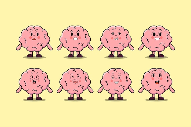 Vector set kawaii brain cartoon character with different expressions cartoon face vector illustrations