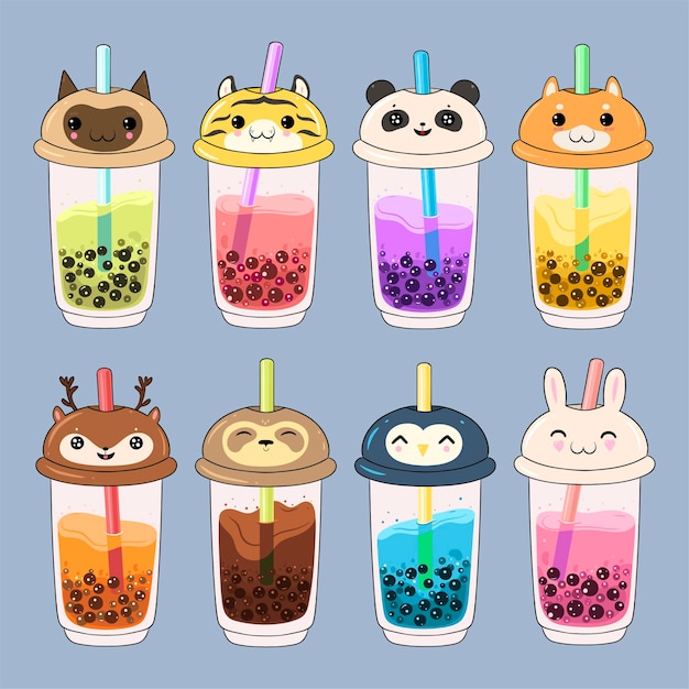 Set of kawaii bubble tea with animal faces.