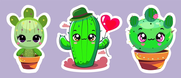 Vector set kawaii cactus cacti green stickers