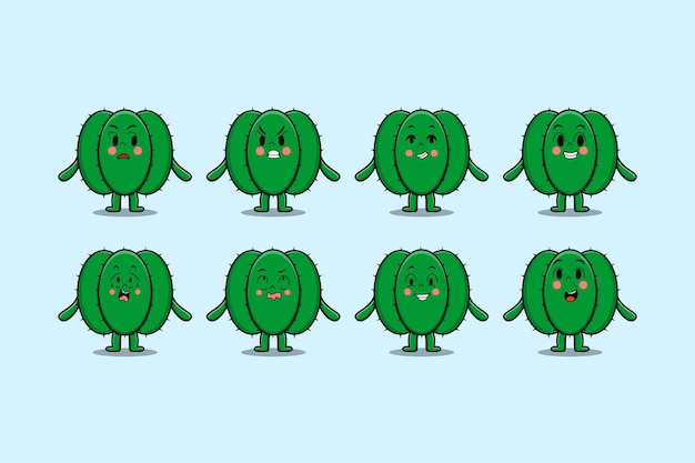 Impostare il personaggio dei cartoni animati kawaii cactus con diverse espressioni cartoni animati faccia illustrazioni vettoriali