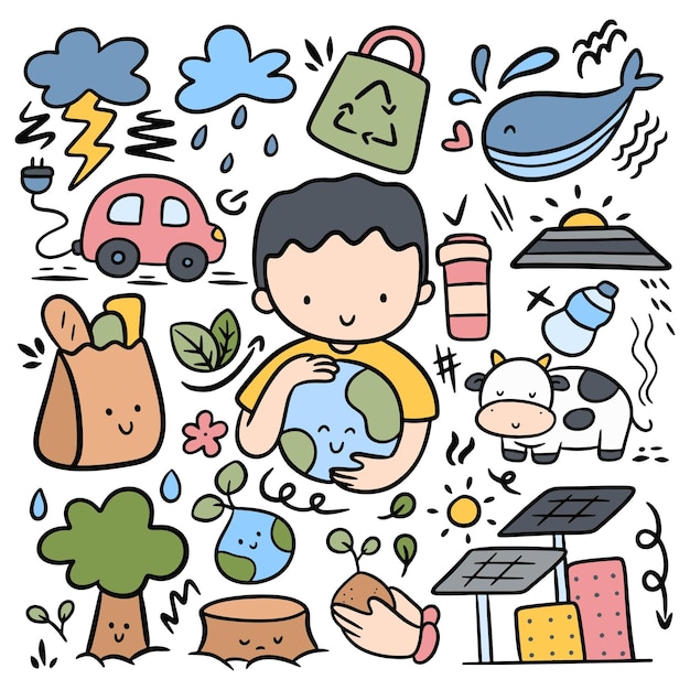 Set of kawaii cartoon ecology doodle
