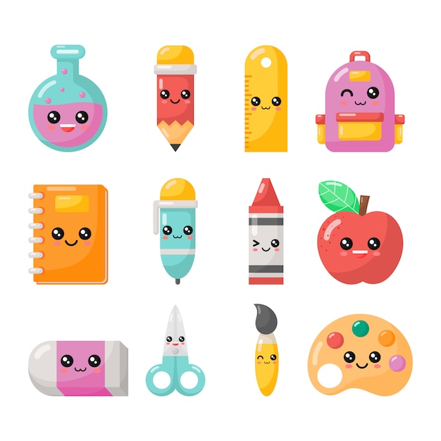 Set of kawaii cartoon school supplies. back to school isolated