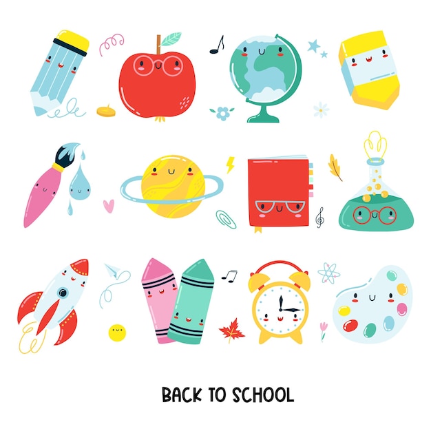 Set of kawaii cartoon school supplies back to school vector character on white background