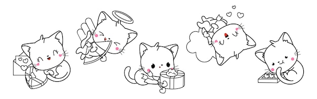 Set of kawaii cat coloring page illustrations collection of cute vector isolated kitty outline