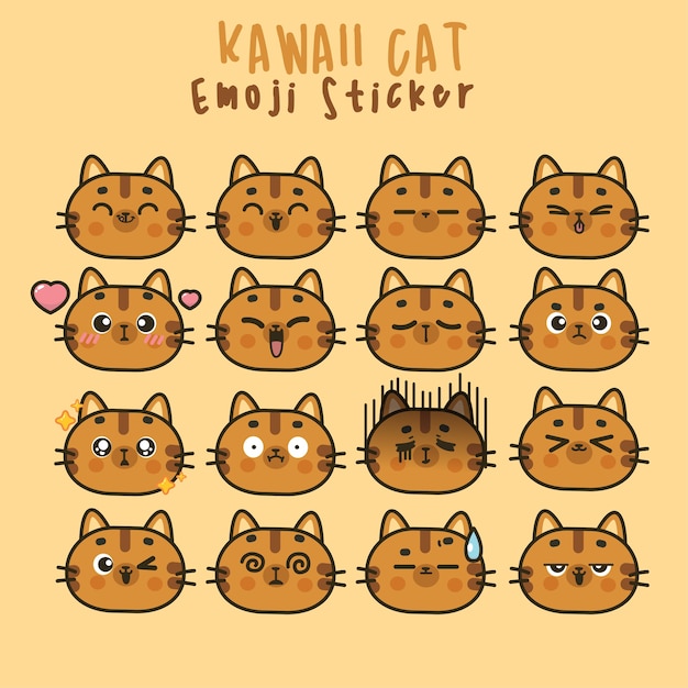 Vector set kawaii cat cute faces funny cartoon emoticon in different expressions for social networks. expression anime character and emoticon face illustration