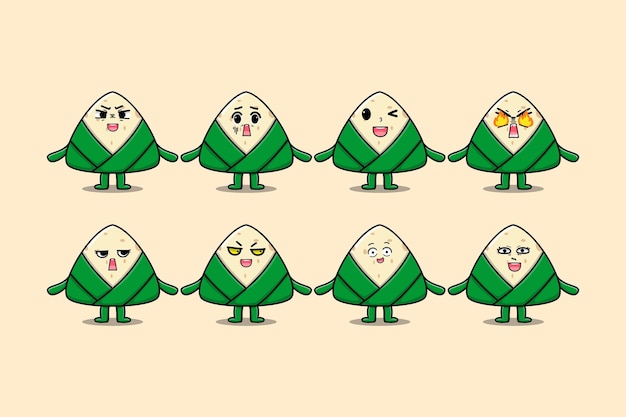 Set kawaii chinese rice dumpling cartoon character with different expressions of cartoon face vector