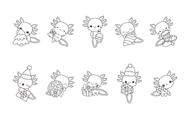 Set of kawaii christmas axolotl coloring page collection of cute vector christmas animal outline