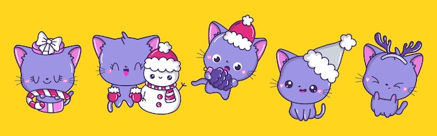 Set of kawaii christmas cat vector collection of cute vector xmas animal illustrations for stickers