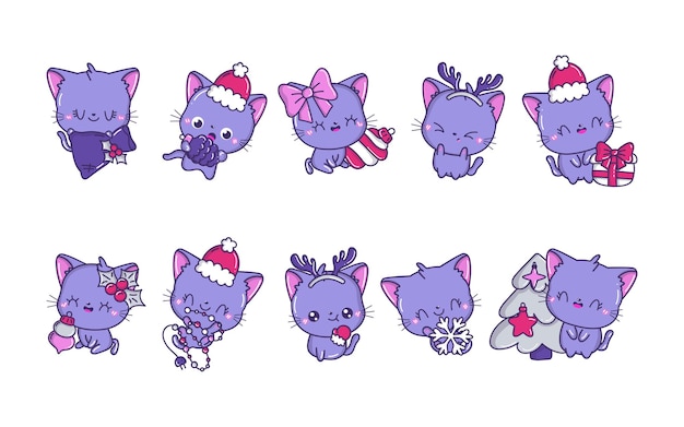 Set of kawaii christmas cat vector collection of cute vector xmas animal illustrations for stickers