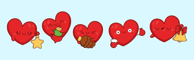 Set of kawaii christmas heart collection of cute vector xmas character illustrations for stickers