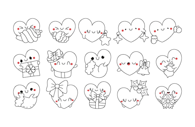 Set of kawaii christmas heart coloring page collection of cute vector christmas character outline