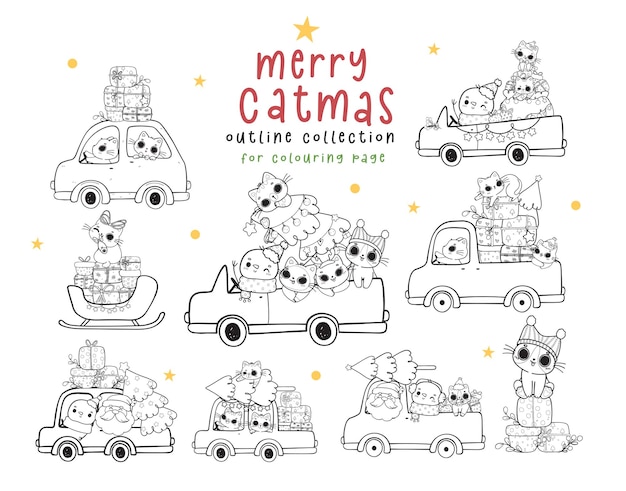 Set of kawaii Christmas kitten cat and friends in truck car outline transparent collection