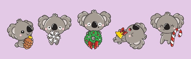 Set di collezione di orsi koala natalizi kawaii di graziose illustrazioni vettoriali di animali natalizi per adesivi