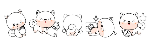 Vector set of kawaii christmas shiba inu dog coloring page collection of vector christmas puppy outline