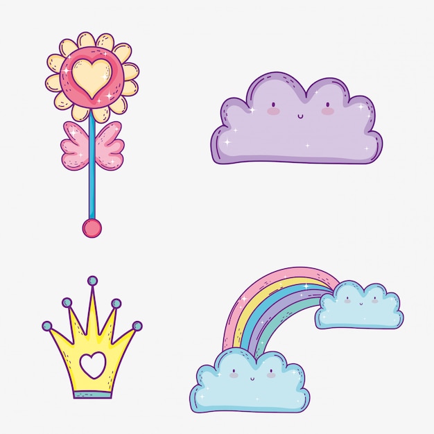 Set kawaii cloud and rainbow with clouds and crown