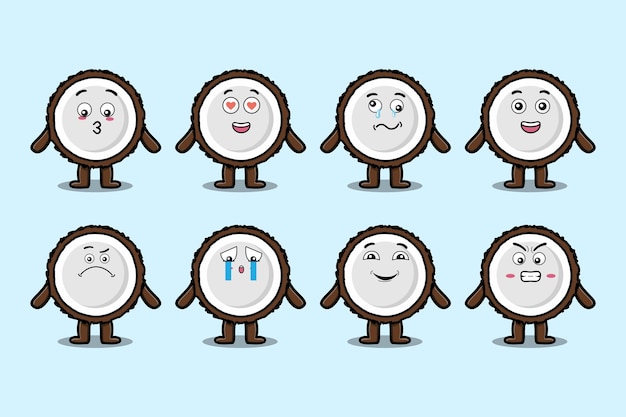 Vector set kawaii coconut cartoon character with different expressions of cartoon face vector illustrations