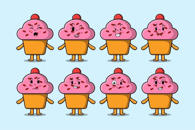 Vector set kawaii cupcake cartoon character with different expressions cartoon face vector illustrations