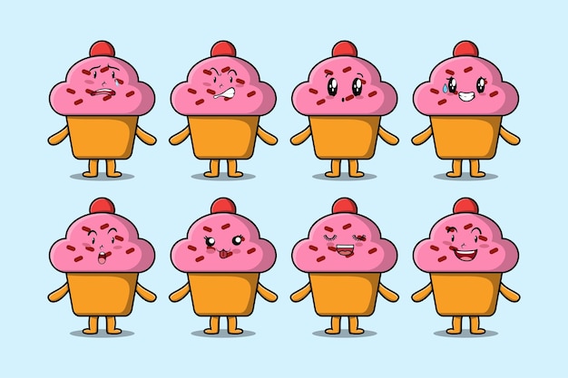 Vector set kawaii cupcake stripfiguur met verschillende uitdrukkingen cartoon gezicht vectorillustraties