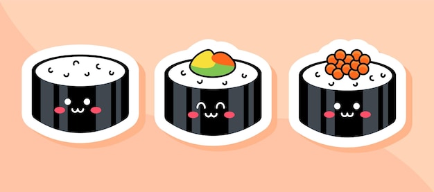 Vettore un set di simpatici adesivi kawaii per bambini di sushi sashimi e maki