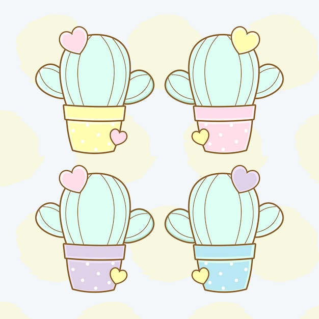 Set of kawaii cute cactus icon designs in pastel colors