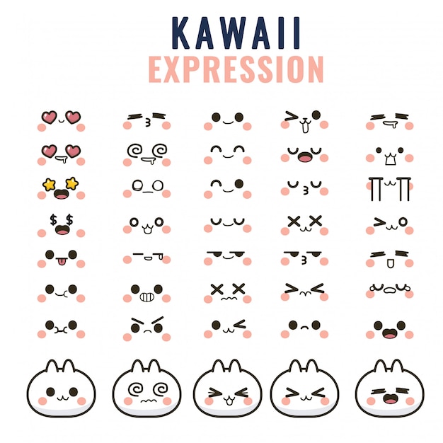 Impostare kawaii facce carine occhi e bocche divertenti emoticon del fumetto in diverse espressioni