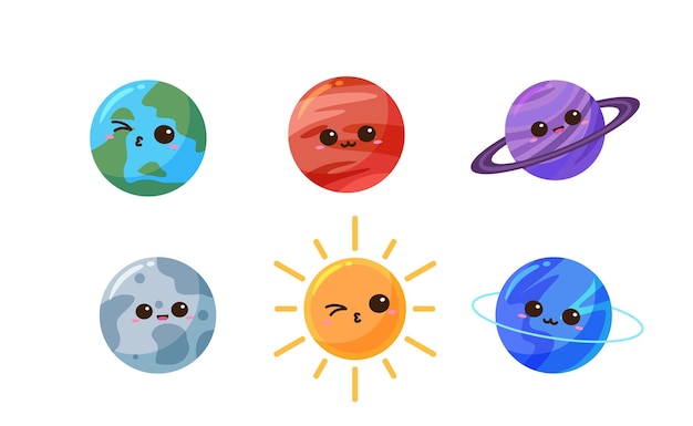 Set of kawaii cute planet character for kids baby education solar system