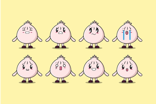 Impostare il personaggio dei cartoni animati kawaii dim sum con espressioni diverse illustrazioni vettoriali del viso dei cartoni animati