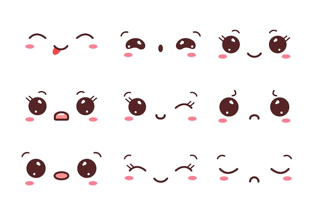 Set of kawaii eyes and mouths with different emotions