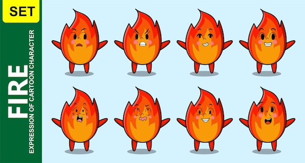 Set kawaii fire stripfiguur met verschillende uitdrukkingen van cartoon gezicht vectorillustraties