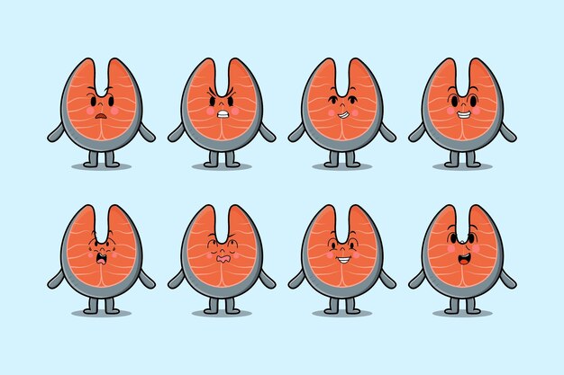 Vector set kawaii fresh salmon cartoon character with different expressions of cartoon face vector