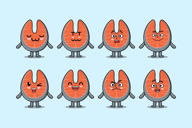 Set kawaii fresh salmon cartoon character with different expressions of cartoon face vector