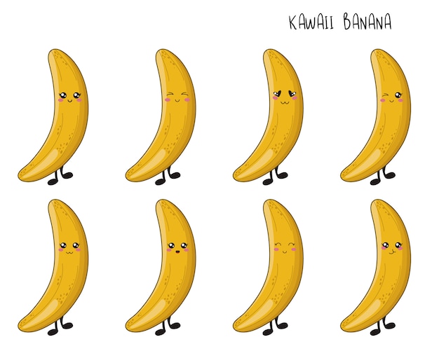 Set di frutta kawaii - banane con diverse emoji. elementi isolati