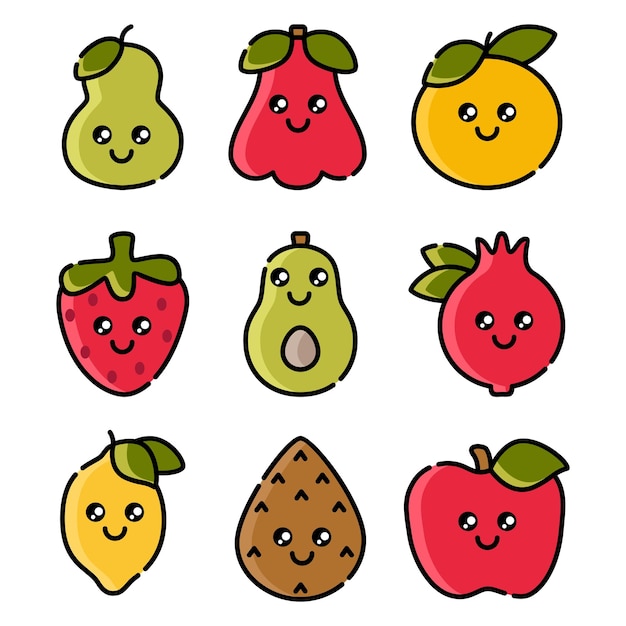 Set of kawaii fruit illustration vector