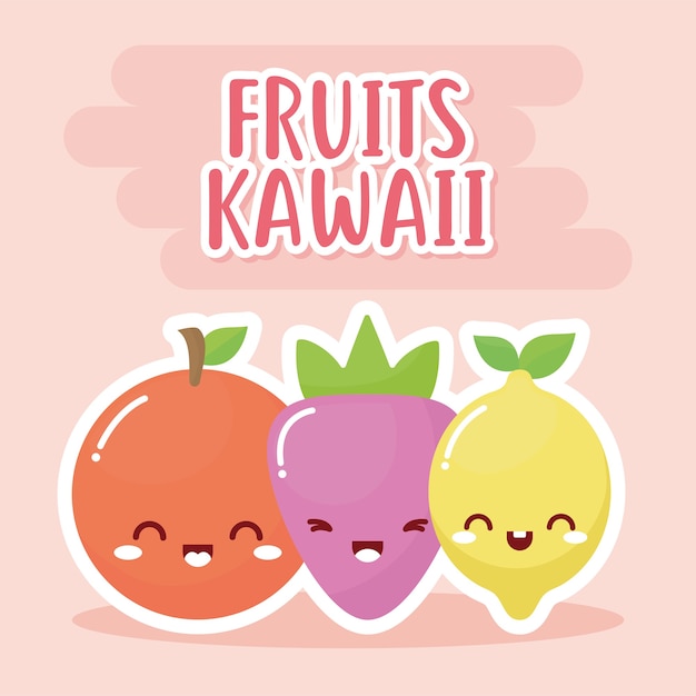 Set of kawaii fruits with fruits kawaii lettering illustration design