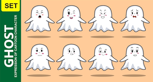 Imposta il personaggio dei cartoni animati del fantasma kawaii con diverse espressioni di illustrazioni vettoriali del viso dei cartoni animati