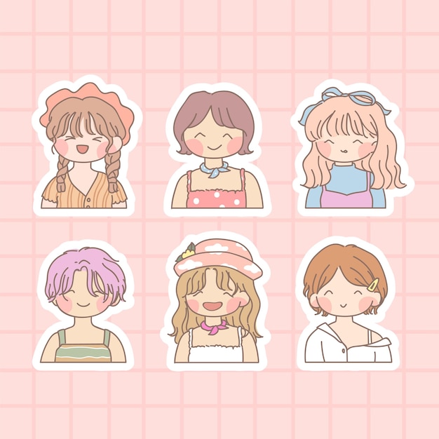 Set of kawaii girls with sticker isolated on pink