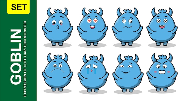 Set kawaii goblin monster cartoon different expressions of cartoon face vector illustrations