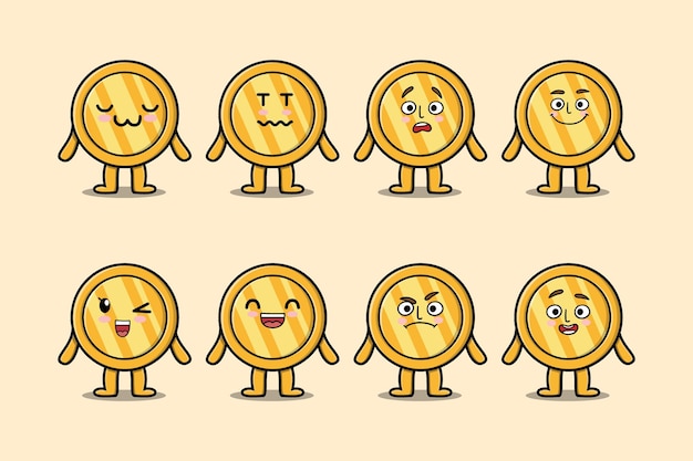 Set kawaii gold coin cartoon different expressions