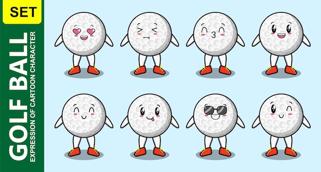 Set kawaii golf ball cartoon character with different expressions