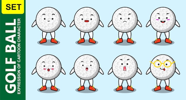 Set kawaii golf ball cartoon character with different expressions