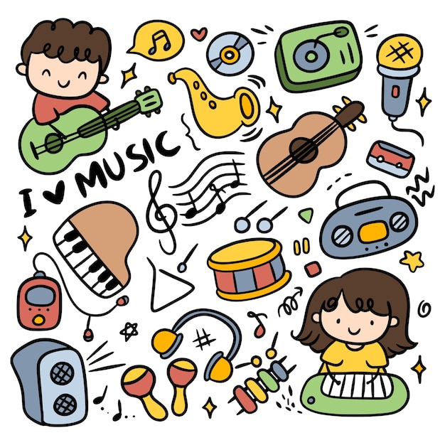 Set di clipart vettoriali di doodle di musica disegnata a mano kawaii