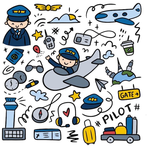 Set di clipart vettoriali di doodle pilota disegnati a mano kawaii