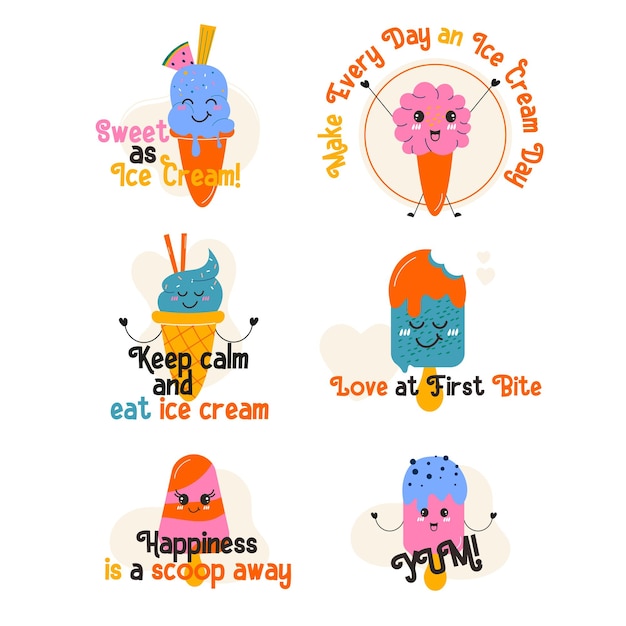 Set of kawaii ice cream lettering style hand drawn