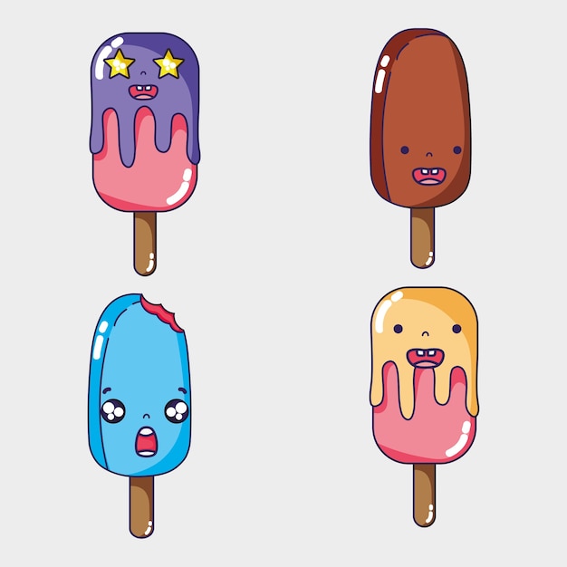 Set kawaii ice lolly faces expression 