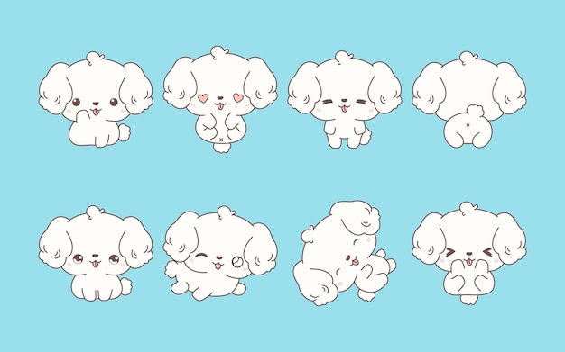 Set di kawaii isolati bichon frise collezione di illustrazioni vettoriali di cartoni animati di cani per adesivi