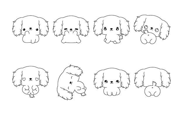 Vector set of kawaii isolated cocker spaniel dog coloring page collection of cute vector cartoon animal